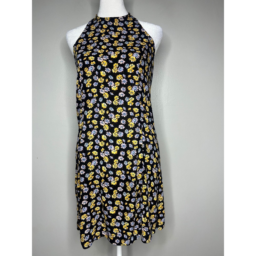 American Eagle Ditsy Floral Halter Mini Dress Black Yellow 90s Y2K Soft Grunge S